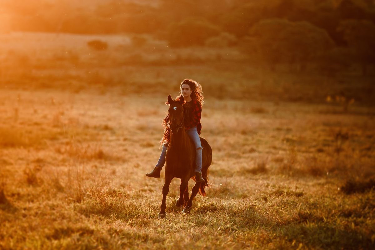 Cavalière au pas sur son cheval dans un champ — équitation bienfaits pour la santé