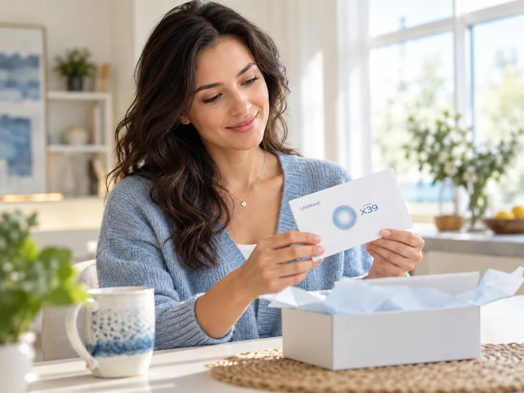 Une jeune femme ouvre une boîte de patchs LifeWave X39